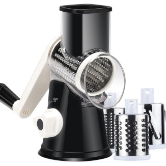 Rotary Cheese Grater with Handle, Manual Speed Round Cheese Shredder with Strong Suction Base, Easy to Use Potato Hashbrown Shredder with 3 Replaceable Stainless Steel Drum Blades (Black)