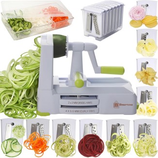 Brieftons 10-Blade Vegetable Spiralizer: Strongest-Heaviest Duty Spiral Slicer, Best Veggie Pasta Spaghetti Maker for Low Carb/Paleo/Gluten-Free, With Container, Lid, Blade Caddy, 4 Recipe Ebooks