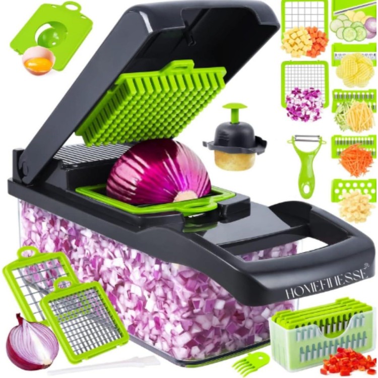 Vegetable Chopper, 16-in-1 Multifunctional Food Chopper, 8 Blades Vegetable Slicer, Onion Chopper Vegetable Cutter & Adjustable Veggie Slicer, Potato Dicer Chopper, Container for Salad Garlic | Grey