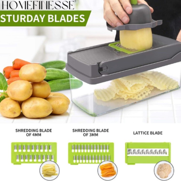 Vegetable Chopper, 16-in-1 Multifunctional Food Chopper, 8 Blades Vegetable Slicer, Onion Chopper Vegetable Cutter & Adjustable Veggie Slicer, Potato Dicer Chopper, Container for Salad Garlic | Grey