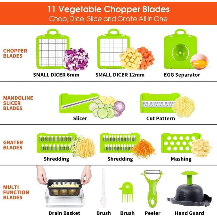 Vegetable Chopper, 16-in-1 Multifunctional Food Chopper, 8 Blades Vegetable Slicer, Onion Chopper Vegetable Cutter & Adjustable Veggie Slicer, Potato Dicer Chopper, Container for Salad Garlic | Grey