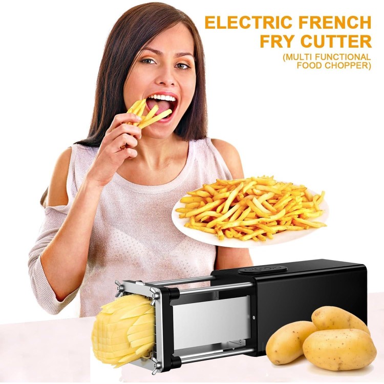 Electric French Fry Cutter, French fry Cutter Stainless Steel with 1/2 & 3/8 Inch Blade, Potato Fries Cutter, Professional Commercial and Household Potato Slicer, Use for Potato, Carrot, Apple