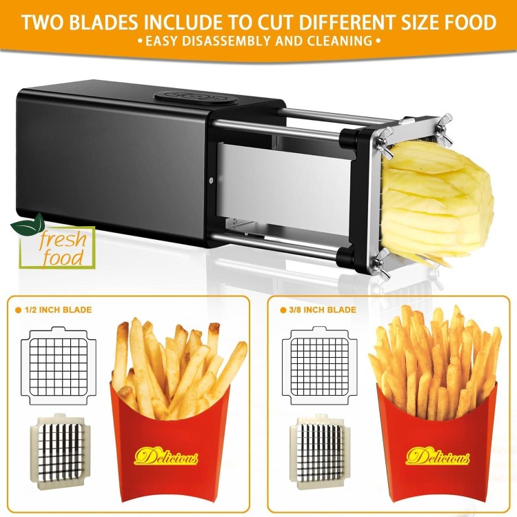 Electric French Fry Cutter, French fry Cutter Stainless Steel with 1/2 & 3/8 Inch Blade, Potato Fries Cutter, Professional Commercial and Household Potato Slicer, Use for Potato, Carrot, Apple