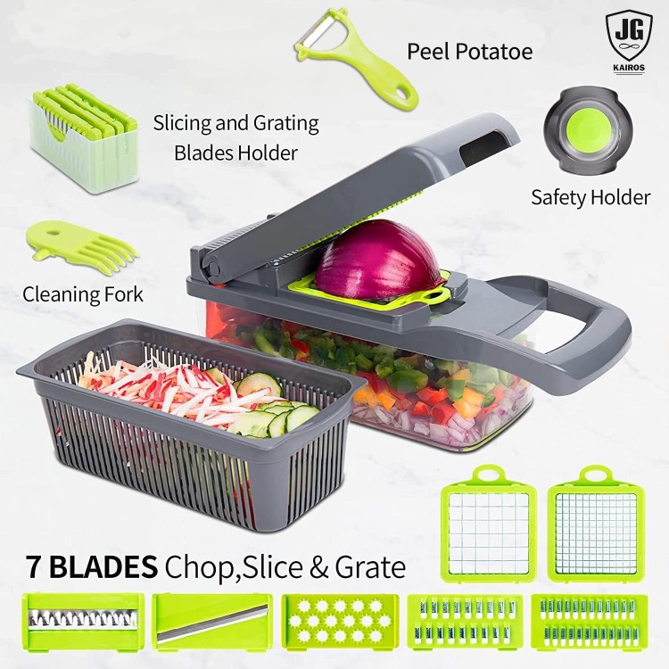 Multi - functional Vegetable Chopper, Food Chopper Fruits Cutter with 8 Interchangeable Blades, Adjustable Slicer, Comfortable grip, Kitchen Gadget, fruit chopper, 12.99 *5.11*5.11 Inches