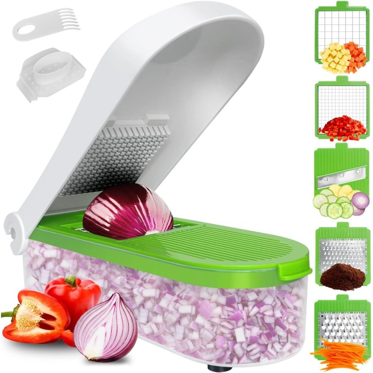 LHS Vegetable Chopper Slicer 7 in 1 Veggie Chopper Dicer Cutter Multifunctional Food Chopper Onion Chopper Salad Potato Cutter Vegetable Chopper with Container -Green