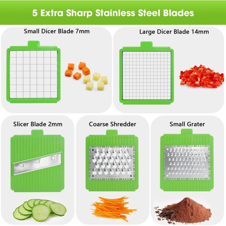 LHS Vegetable Chopper Slicer 7 in 1 Veggie Chopper Dicer Cutter Multifunctional Food Chopper Onion Chopper Salad Potato Cutter Vegetable Chopper with Container -Green