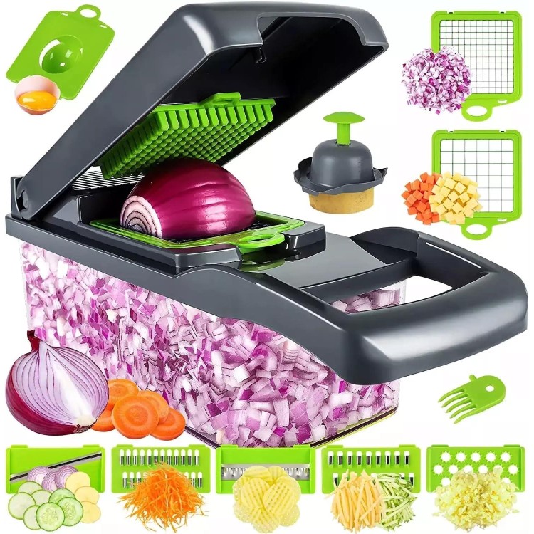 Vegetable Chopper, Pro Onion, Multifunctional 14 in 1 Food Chopper, Kitchen Vegetable Cutter Slicer Dicer,Veggie Chopper With 8 Blades, Potatoes, Carrot and Garlic Chopper With Container