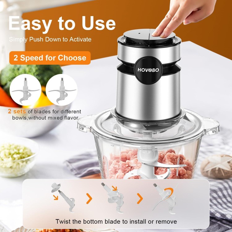 Food Processor, 500W Electric Meat Grinder Food Chopper with Two 8 Cup Bowls & 2 Bi-Level Blades, 2 Speed Kitchen Cutter for Vegetable, Onion, Garlic, Meat, Nuts, and Baby Food, Black