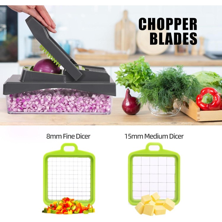 Vegetable Chopper, Cheese Slicer, Food Chopper, Veggie Chopper, Onion Chopper, Salad Chopper, Mandoline Slicer & Cheese Grater, Vegetable Chopper with Container, (10 in 1 - Gray)