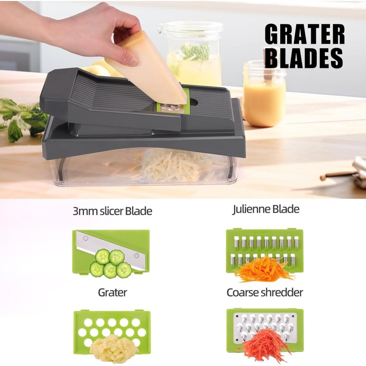 Vegetable Chopper, Cheese Slicer, Food Chopper, Veggie Chopper, Onion Chopper, Salad Chopper, Mandoline Slicer & Cheese Grater, Vegetable Chopper with Container, (10 in 1 - Gray)