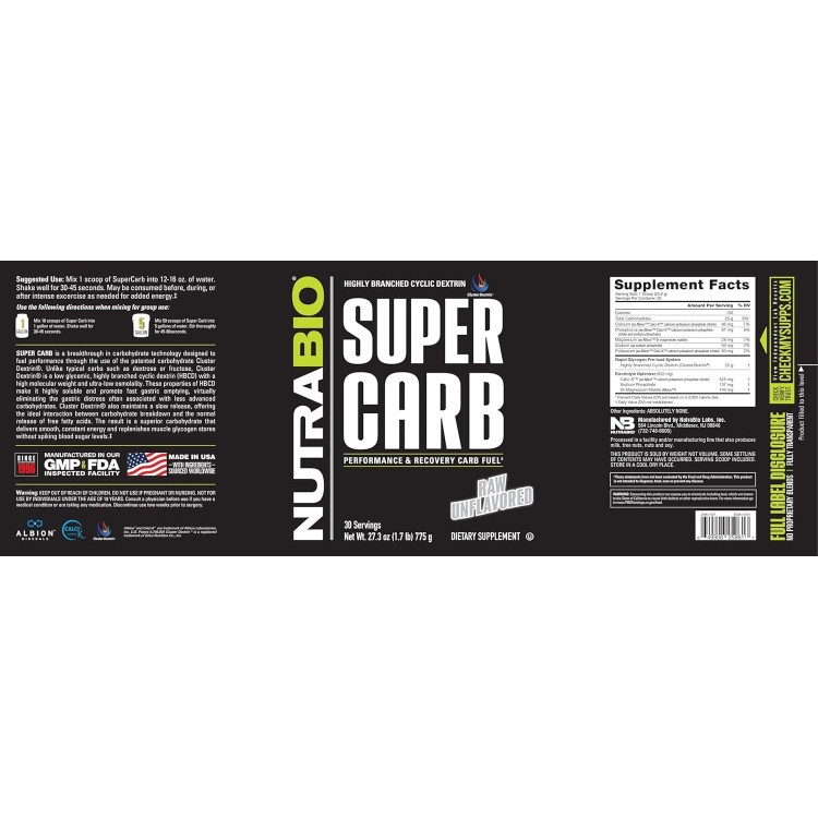 NutraBio Super Carb - Complex Carbohydrate Supplement Powder - Cluster Dextrin and Electrolytes for Performance Enhancement & Muscle Recovery - Unflavored, 30 Servings