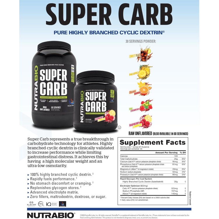 NutraBio Super Carb - Complex Carbohydrate Supplement Powder - Cluster Dextrin and Electrolytes for Performance Enhancement & Muscle Recovery - Unflavored, 30 Servings