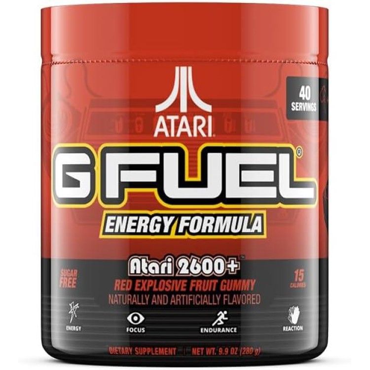 G Fuel Atari 2600+™ Energy Powder, Sugar Free, Clean Caffeine Focus Supplement, Water Mix, Red Explosive Fruit Gummy Flavor, Focus Amino, Vitamin + Antioxidants Blend, 9.9 oz (40 Servings)