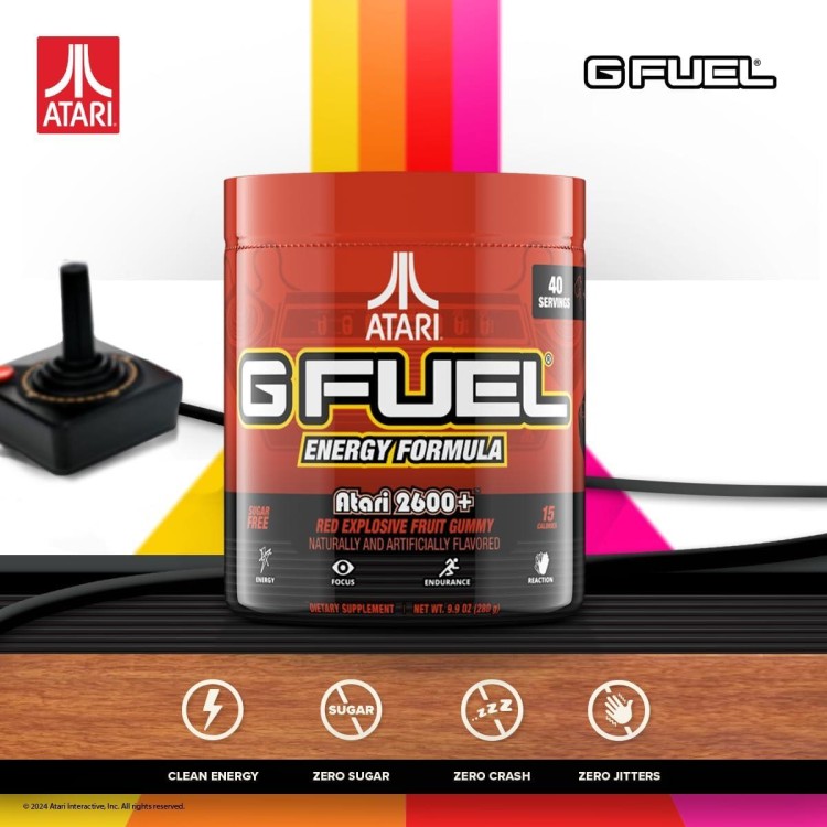 G Fuel Atari 2600+™ Energy Powder, Sugar Free, Clean Caffeine Focus Supplement, Water Mix, Red Explosive Fruit Gummy Flavor, Focus Amino, Vitamin + Antioxidants Blend, 9.9 oz (40 Servings)