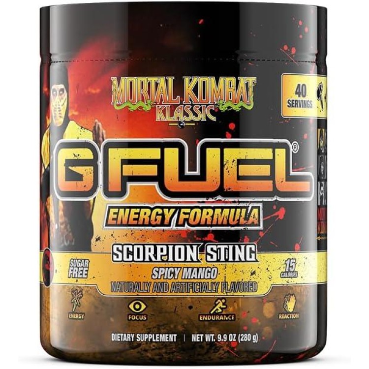 G Fuel Mortal Kombat Klassic Scorpion Sting Energy Powder, Sugar Free, Clean Caffeine Focus Supplement, Water Mix, Spicy Mango Flavor, Focus Amino, Vitamin + Antioxidant Blend, 9.9 oz (40 Servings)