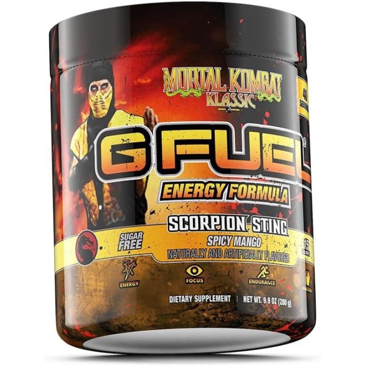 G Fuel Mortal Kombat Klassic Scorpion Sting Energy Powder, Sugar Free, Clean Caffeine Focus Supplement, Water Mix, Spicy Mango Flavor, Focus Amino, Vitamin + Antioxidant Blend, 9.9 oz (40 Servings)