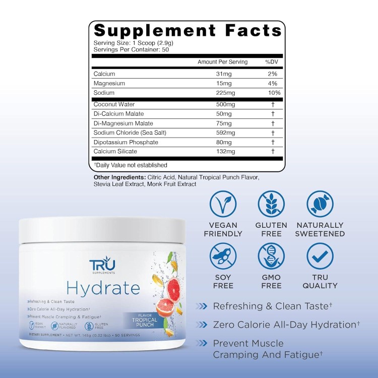 TRU Hydrate | Electrolyte Hydration Powder | Tropical Punch | 50 Servings | Sugar Free, 0 Calories, 0 Carbs - Perfect for Keto | No Artificial Flavors, Colors, or Sweeteners