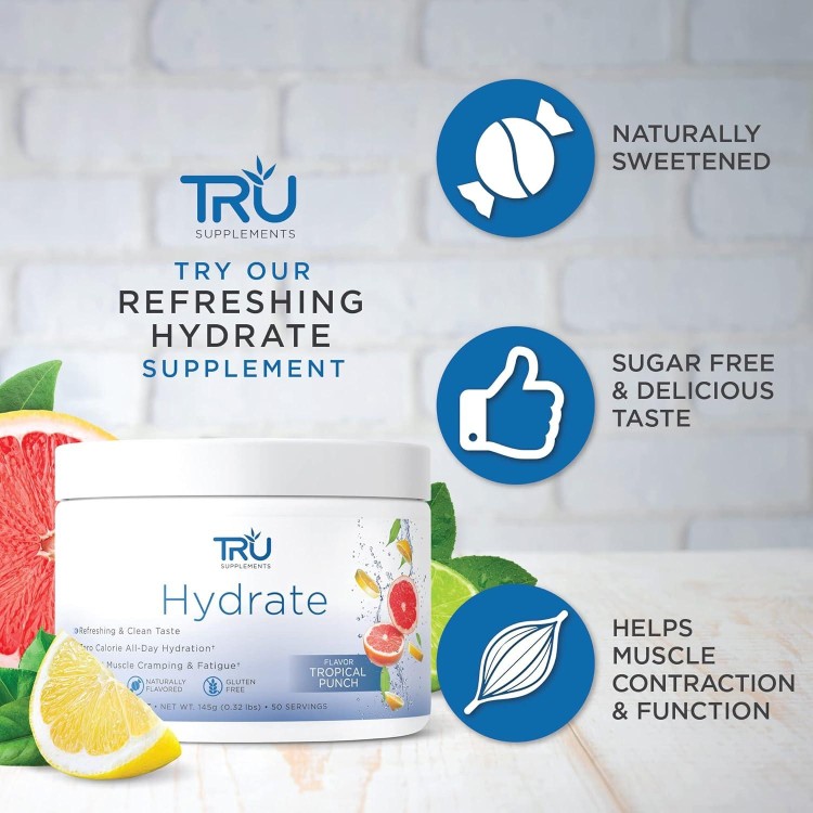 TRU Hydrate | Electrolyte Hydration Powder | Tropical Punch | 50 Servings | Sugar Free, 0 Calories, 0 Carbs - Perfect for Keto | No Artificial Flavors, Colors, or Sweeteners