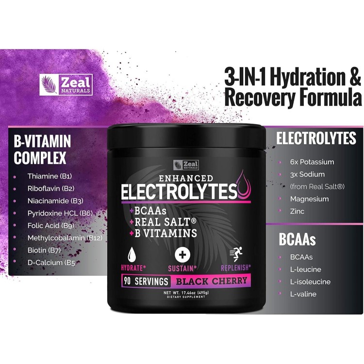 Enhanced Electrolyte Powder (Black Cherry| 90ct.) Sugar Free + BCAA, B-Vitamins & Real Salt - Keto Electrolytes Drinks, Hydration Powder w Potassium, Sodium, Zinc, Magnesium for Hydration & Recovery