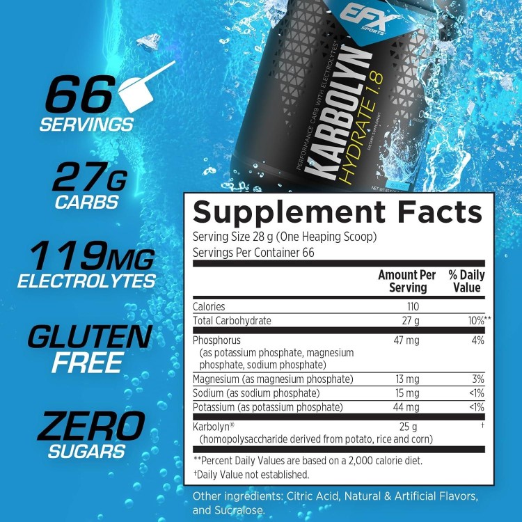 EFX Sports Karbolyn Hydrate | Carbohydrate Powder + Electrolytes | Sugar Free Sports Drink Mix | Fuel & Hydration | Stimulant Free | 66 Servings (Blue Frost)