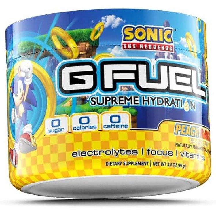 G Fuel Sonic's Peach Rings Electrolytes Powder, Water Mix for Hydration, Energy and Focus, Sugar Free, Zero Caffeine Supplement with Essential Minerals, Peach Rings Flavor, 3.4 oz (30 Servings)