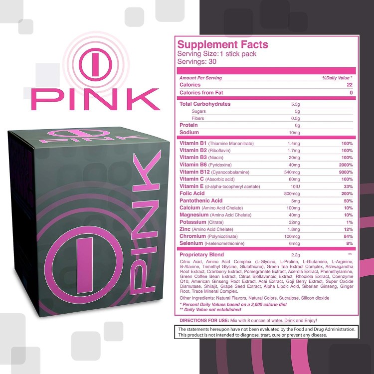 Energy Drink Powder, bHIP Pink for Women 30 Drink Mix Packets. Energy Supplements for Women. Natural Blend Energy Powder Drink Mix Perfect for Today's Busy Woman