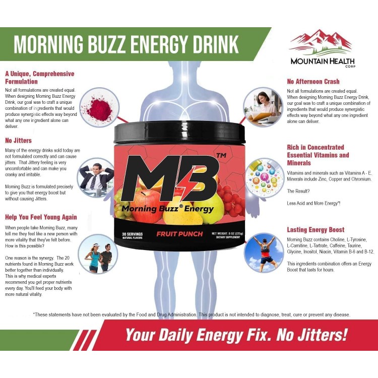 Morning Buzz Energy Drink Powder - Energy Boost Drink Mix - Sugar-Free Energy with Antioxidants - Morning Kickstart and Sports Nutrition Endurance Product - 30 Servings, Fruit Punch, 7.9 Ounces