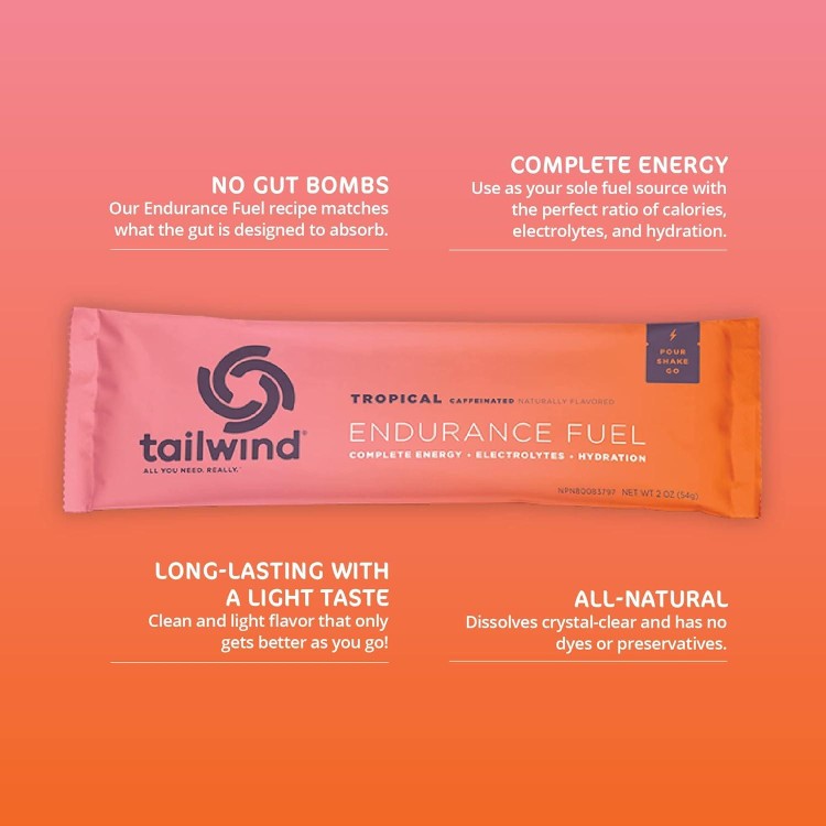 Tailwind Nutrition Endurance Fuel, Caffeine Drink Powder Mix Single Serving with Electrolytes, Non-GMO, Free of Soy, Dairy, and Gluten, Vegan-Friendly, Tropical Buzz, Pack of 12