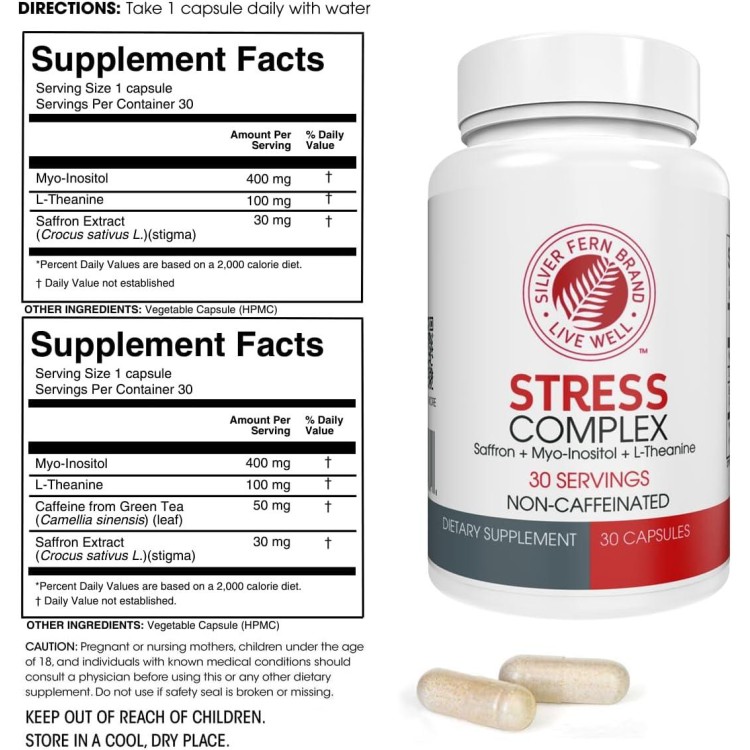 Silver Fern Stress Complex Supplement - Without Caffeine - Sleep, Worry, Mood & More - with Saffron Supplements, L-Theanine Supplement, & Myo-inositol - Natural Stress Relief Supplement (Pack of 1)