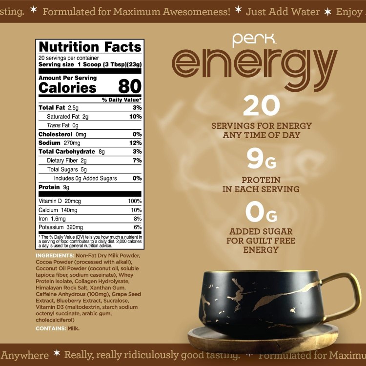 Perk Energy Original Dutch Hot Cocoa (20 Servings) - Gluten Free, Soy Free, Peanut Free