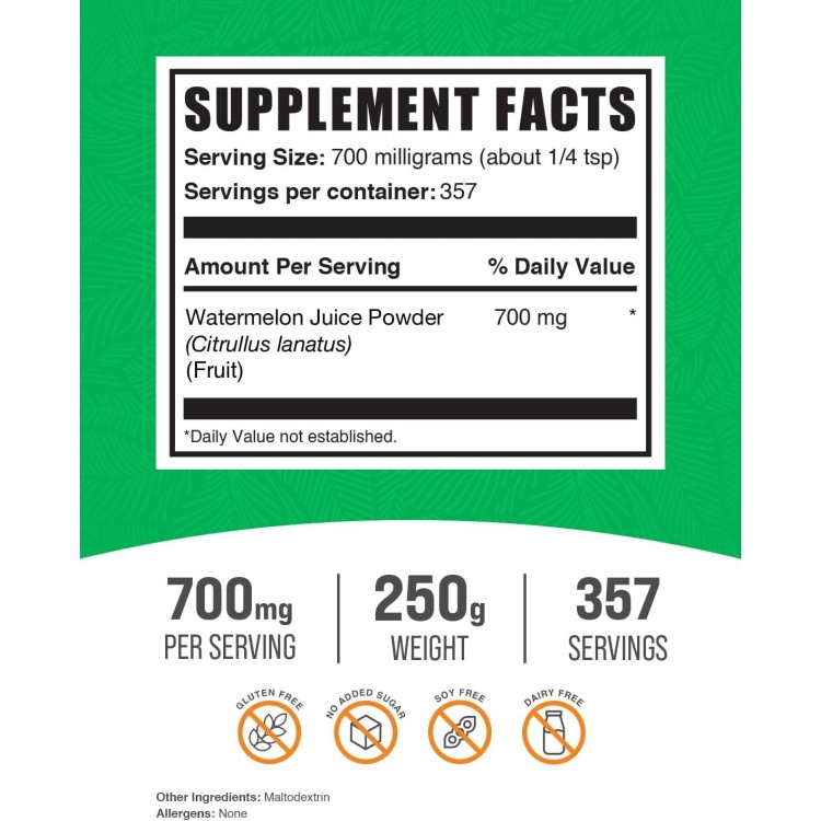 BulkSupplements.com Watermelon Juice Powder - from Watermelon Fruit, Watermelon Powder - Fruit Powder, Hydation Supplement - 700mg per Serving, 250g (8.8 oz) (Pack of 1)