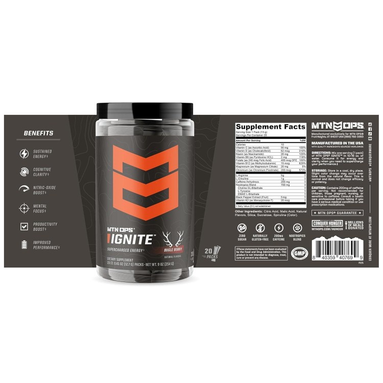 MTN OPS Ignite Trail Packs Supercharged Energy & Focus Drink Mix, BCAA & Nootropic Blend, Gluten Free & 200mg of Caffeine, 20 Servings, Bugle Berry