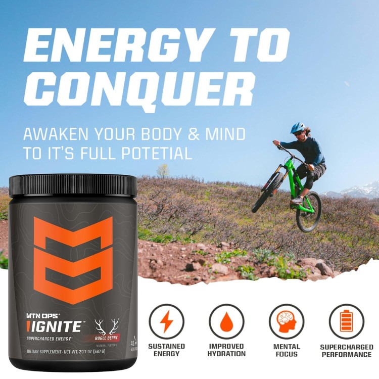 MTN OPS Ignite Trail Packs Supercharged Energy & Focus Drink Mix, BCAA & Nootropic Blend, Gluten Free & 200mg of Caffeine, 20 Servings, Bugle Berry