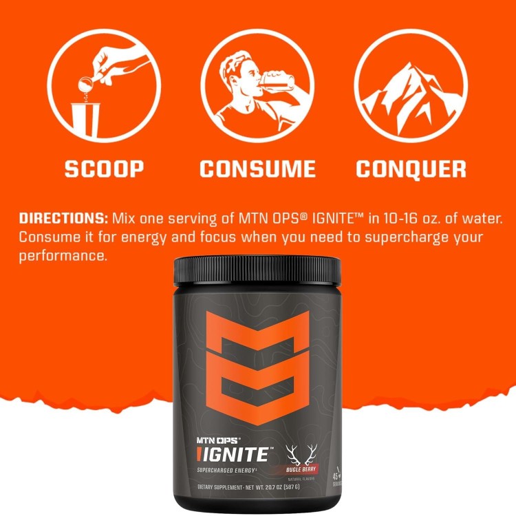 MTN OPS Ignite Trail Packs Supercharged Energy & Focus Drink Mix, BCAA & Nootropic Blend, Gluten Free & 200mg of Caffeine, 20 Servings, Bugle Berry