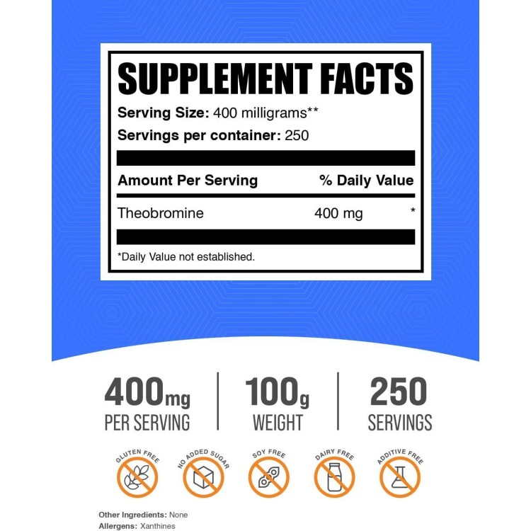 BulkSupplements.com Theobromine Powder - Theobromine Supplement, Nootropic Supplement - Energy Support, Gluten Free, 400mg per Serving, 250 Servings, 100g (3.5 oz) (Pack of 1)