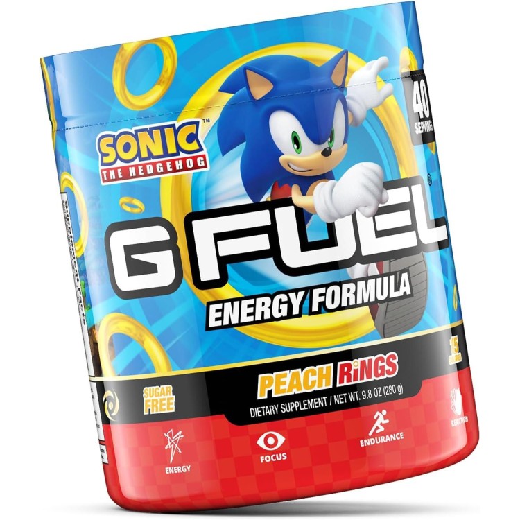 G Fuel Sonic Energy Powder, Sugar Free, Clean Caffeine Focus Supplement, Water Mix, Peach Ring Candy Flavor, Focus Amino, Vitamin + Antioxidants Blend - 9.8 oz (40 Servings)