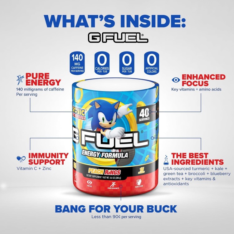 G Fuel Sonic Energy Powder, Sugar Free, Clean Caffeine Focus Supplement, Water Mix, Peach Ring Candy Flavor, Focus Amino, Vitamin + Antioxidants Blend - 9.8 oz (40 Servings)