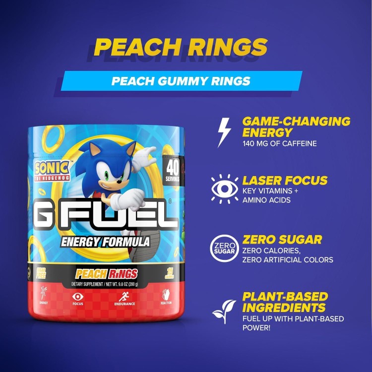 G Fuel Sonic Energy Powder, Sugar Free, Clean Caffeine Focus Supplement, Water Mix, Peach Ring Candy Flavor, Focus Amino, Vitamin + Antioxidants Blend - 9.8 oz (40 Servings)