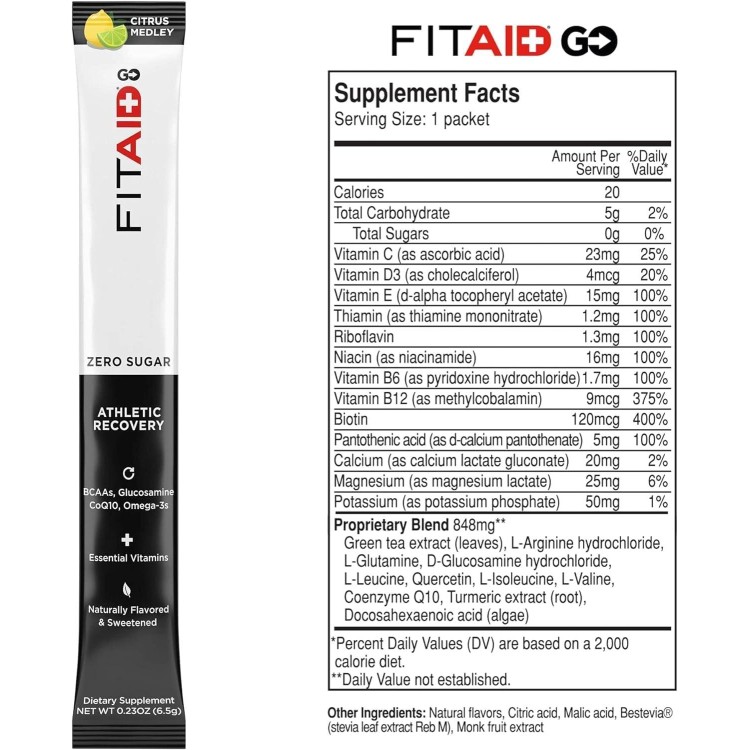 LIFEAID FITAID GO! ZERO SUGAR Recovery + Hydration Packet, W/ BCAAs, Glucosamine, Electrolytes, Omega-3s, 100% Clean, Vegan & Gluten-Free, Naturally Sweetened, 30 Count (Pack of 1)