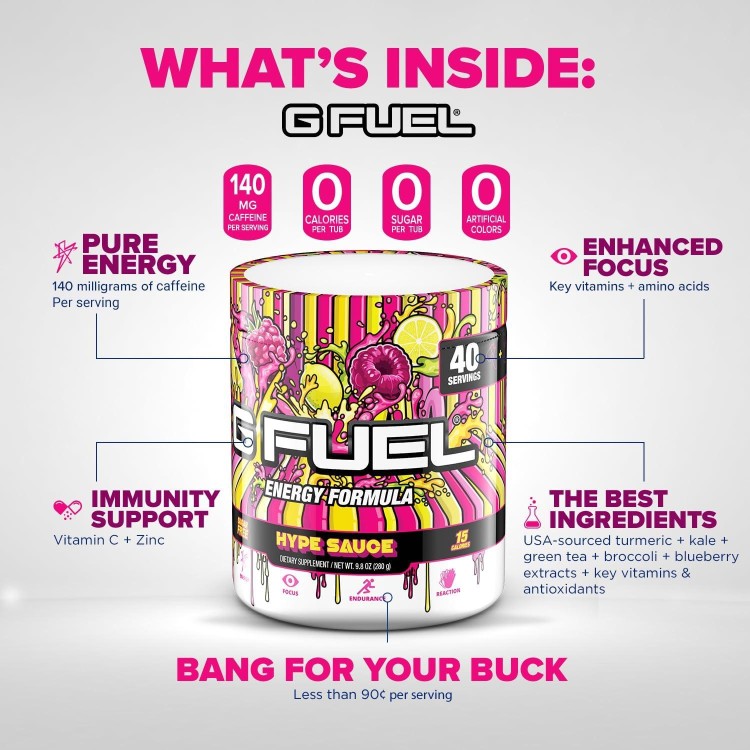 G Fuel Hype Sauce Energy Powder, Sugar Free, Clean Caffeine Focus Supplement, Water Mix, Raspberry Lemonade Flavor, Focus Amino, Vitamin + Antioxidants Blend, 9.8 oz (40 Servings)