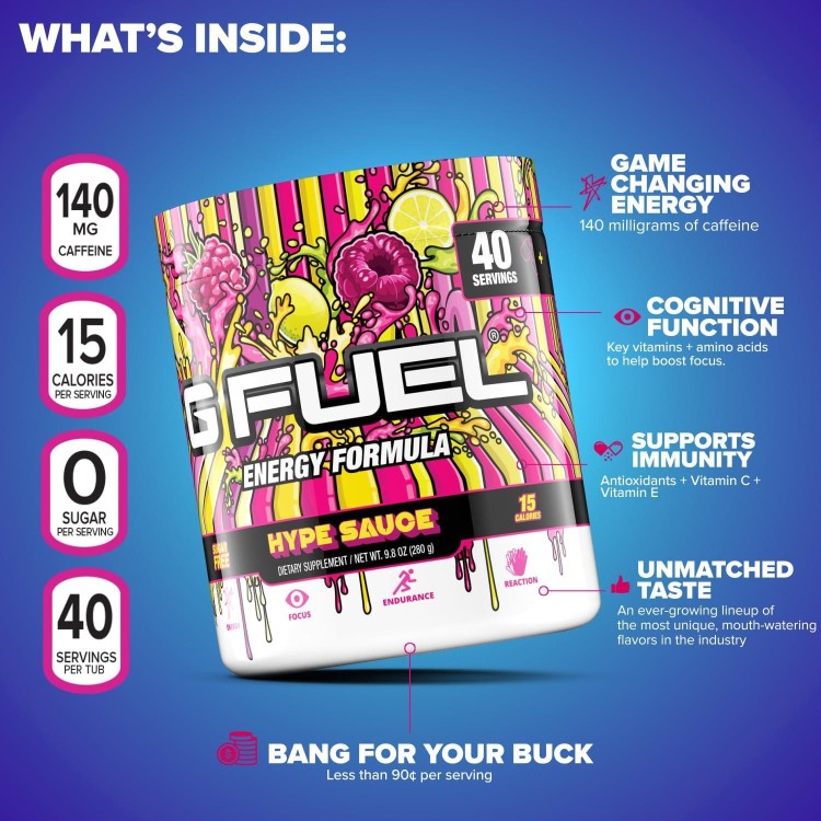 G Fuel Hype Sauce Energy Powder, Sugar Free, Clean Caffeine Focus Supplement, Water Mix, Raspberry Lemonade Flavor, Focus Amino, Vitamin + Antioxidants Blend, 9.8 oz (40 Servings)