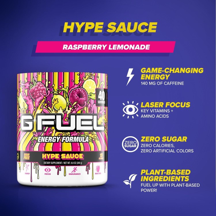 G Fuel Hype Sauce Energy Powder, Sugar Free, Clean Caffeine Focus Supplement, Water Mix, Raspberry Lemonade Flavor, Focus Amino, Vitamin + Antioxidants Blend, 9.8 oz (40 Servings)