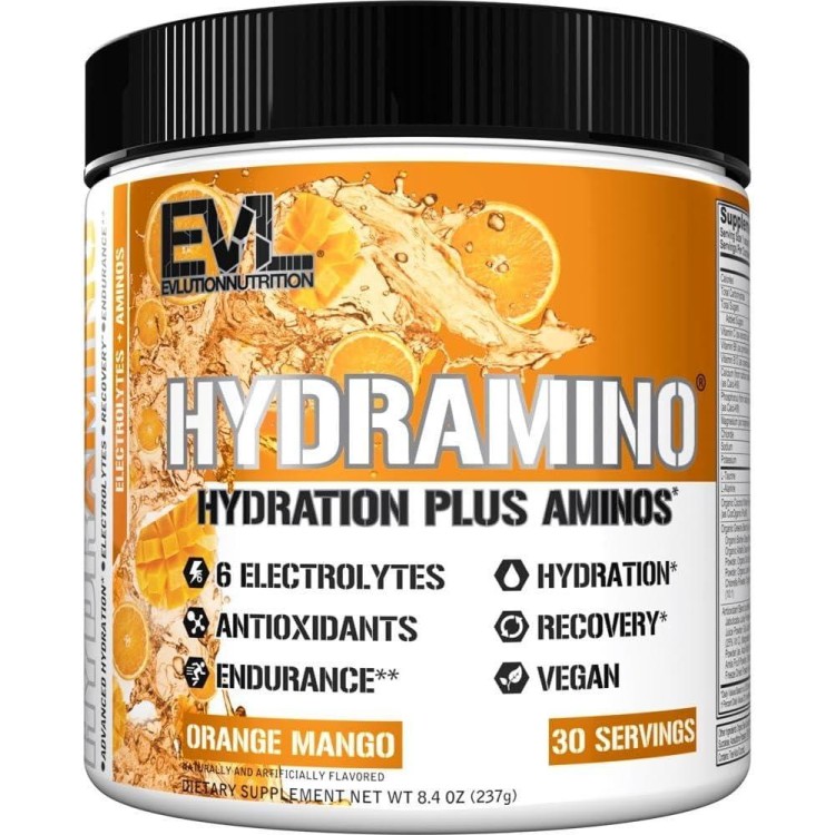 Evlution Nutrition HYDRAMINO Complete Hydration Multiplier, All 6 Electrolytes, Vitamin C & B, Fluid Boosting Aminos, Coconut Water, Endurance, Recovery, Antioxidants, 30 Serve, Orange Mango