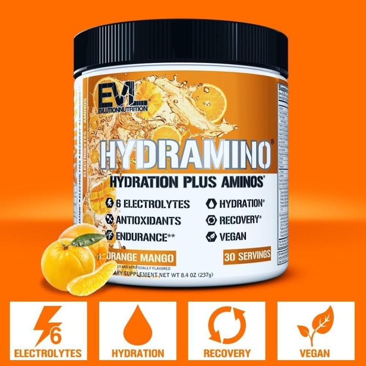 Evlution Nutrition HYDRAMINO Complete Hydration Multiplier, All 6 Electrolytes, Vitamin C & B, Fluid Boosting Aminos, Coconut Water, Endurance, Recovery, Antioxidants, 30 Serve, Orange Mango