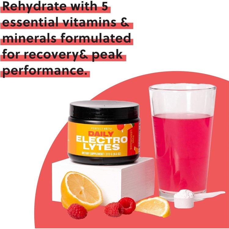 Perfect Keto Electrolytes Powder, Sugar and Gluten Free, Electrolyte Drink Mix, Sodium, Magnesium, Calcium and Potassium Supplement, Hydration, Recovery & Immune Support, Pink Lemonade, 45 Servings