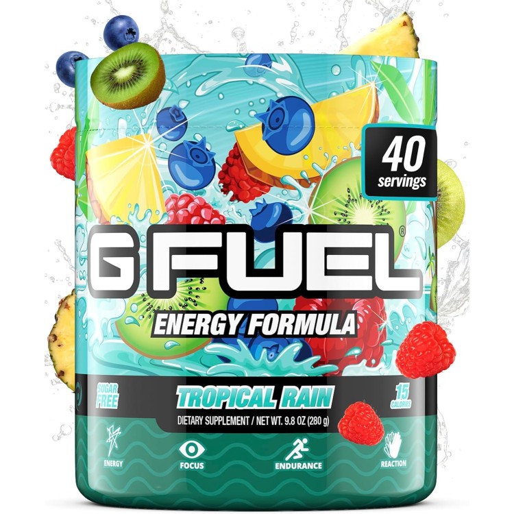 Gamma Labs G Fuel Tropical Rain Energy Powder, Sugar Free, Clean Caffeine Focus Supplement, Water Mix, Fruit Medley Flavor, Focus Amino, Vitamin + Antioxidants Blend, 9.8 oz (40 Servings)