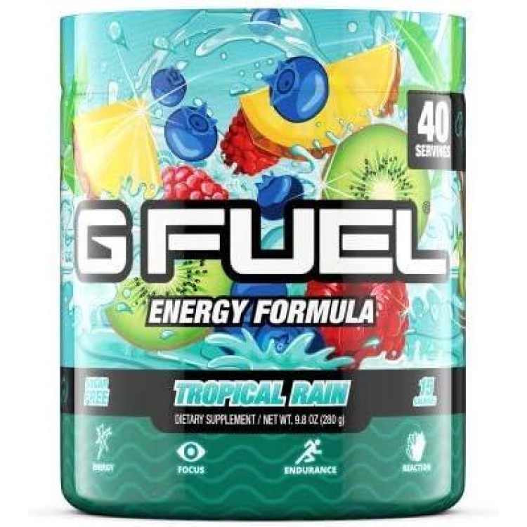 Gamma Labs G Fuel Tropical Rain Energy Powder, Sugar Free, Clean Caffeine Focus Supplement, Water Mix, Fruit Medley Flavor, Focus Amino, Vitamin + Antioxidants Blend, 9.8 oz (40 Servings)