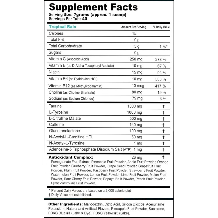 Gamma Labs G Fuel Tropical Rain Energy Powder, Sugar Free, Clean Caffeine Focus Supplement, Water Mix, Fruit Medley Flavor, Focus Amino, Vitamin + Antioxidants Blend, 9.8 oz (40 Servings)