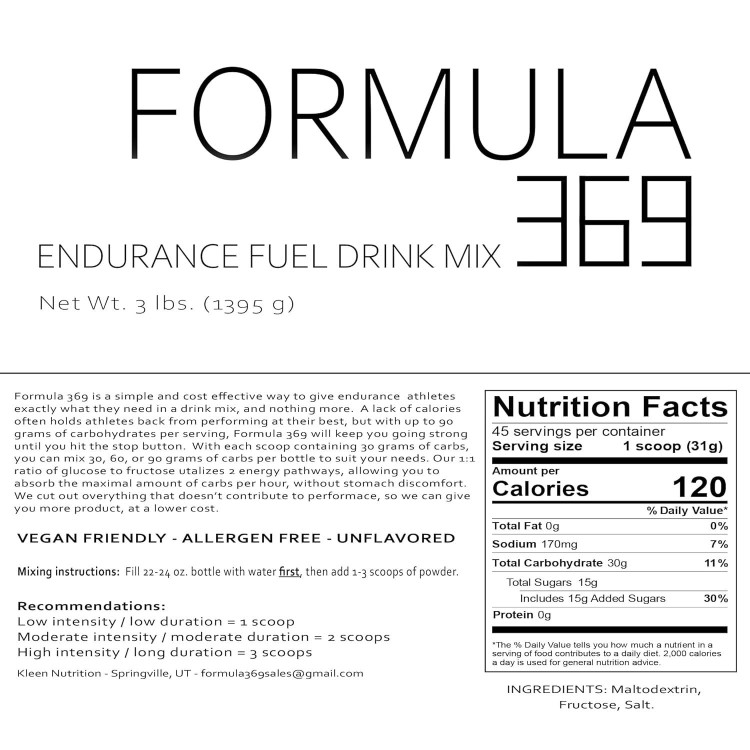 Formula 369 - Endurance Fuel Drink Mix, 3 lb. Bag with 45 Servings, 30g of Carbs per Scoop, Glucose and Fructose high Carbohydrate Drink Mix for Endurance Sports., 48.0 Ounce, 3.0 pounds