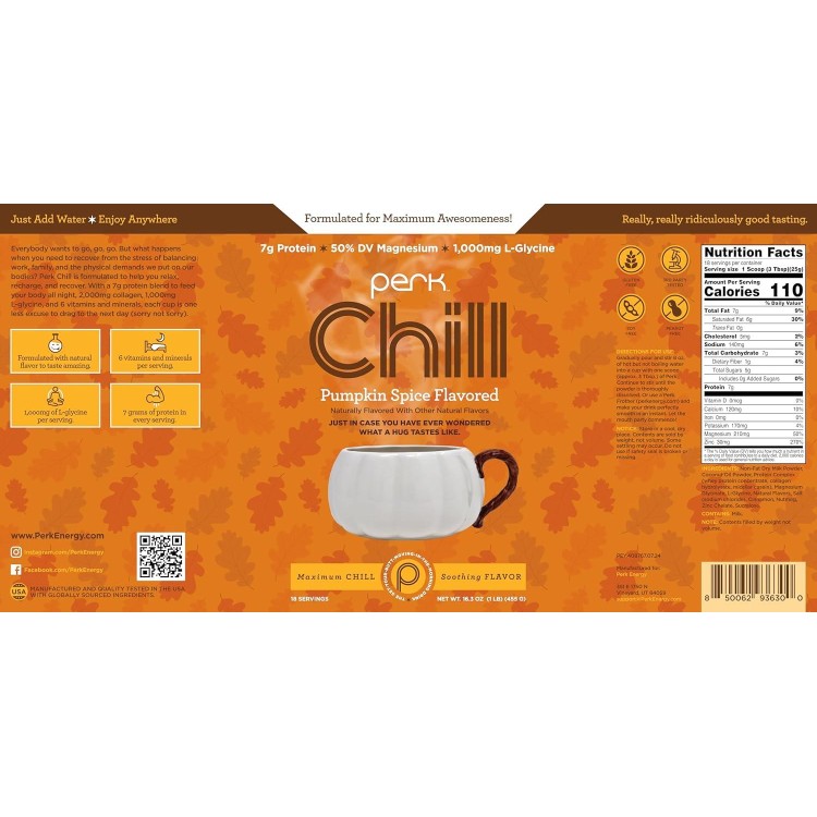 Perk Chill Pumpkin Spice Flavored Drink Mix (18 Servings) - Soothing Flavor